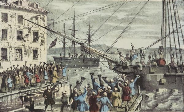 Illustration showing colonists aboard ships in Boston Harbor throwing wooden crates of tea into the water while others watch from the shore.